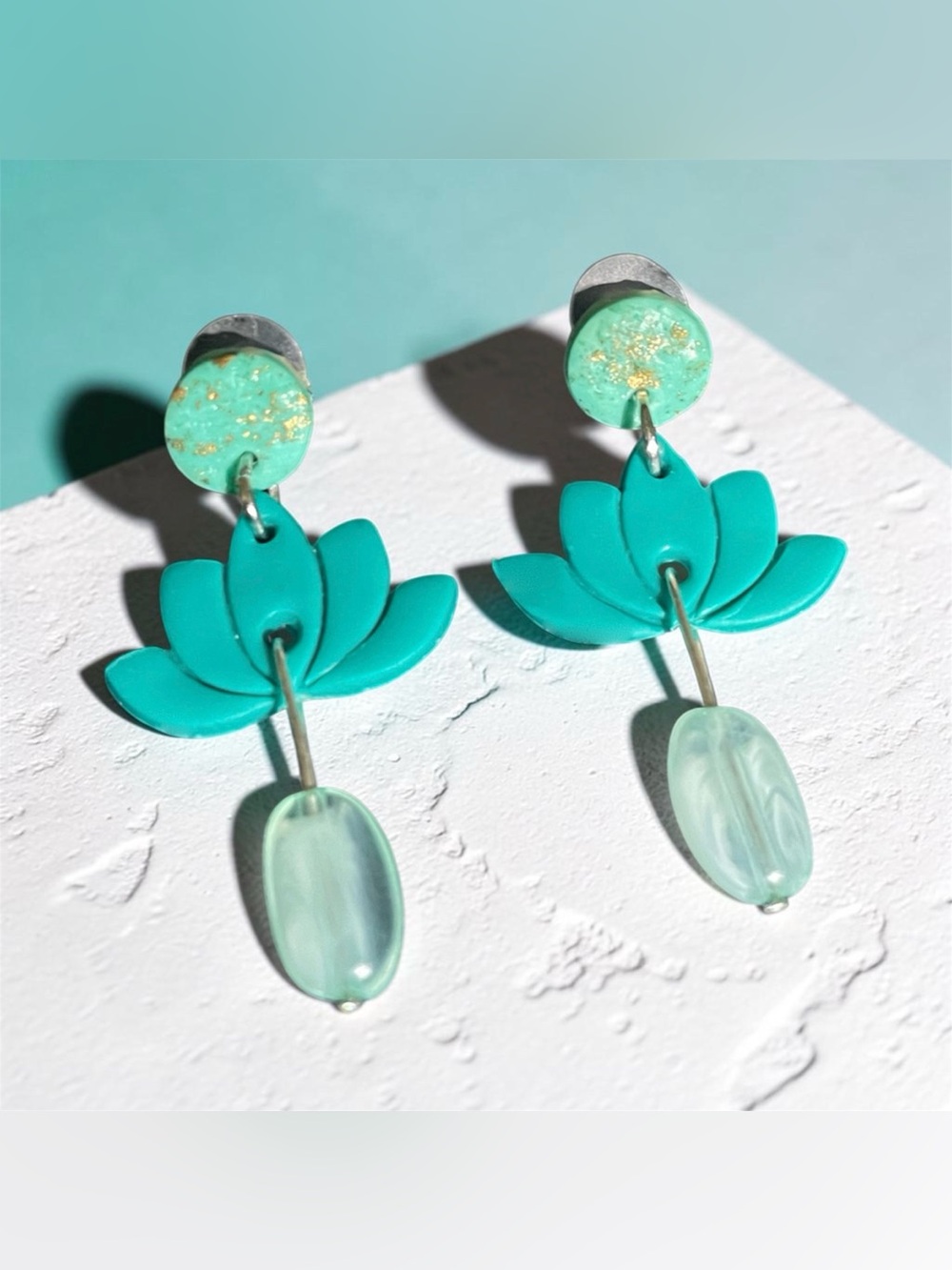 Teal Lotus Drop Earrings - Lightweight Floral Statement